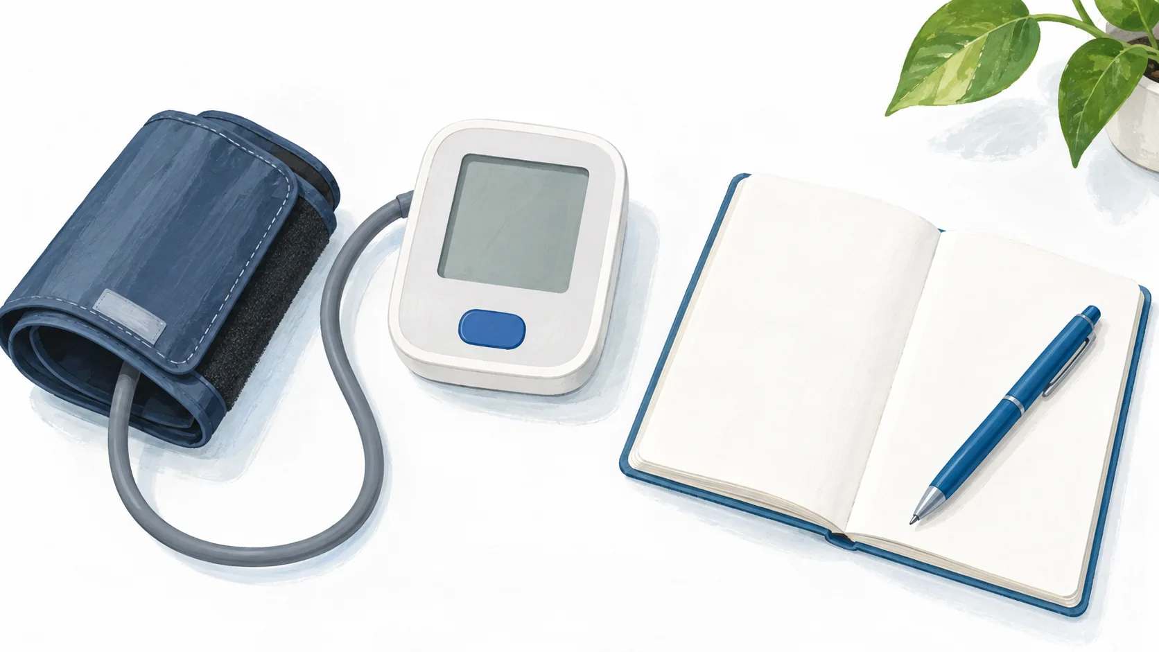 Illustrated blood pressure cuff and blank monitor beside an open notebook and pen on a white table.