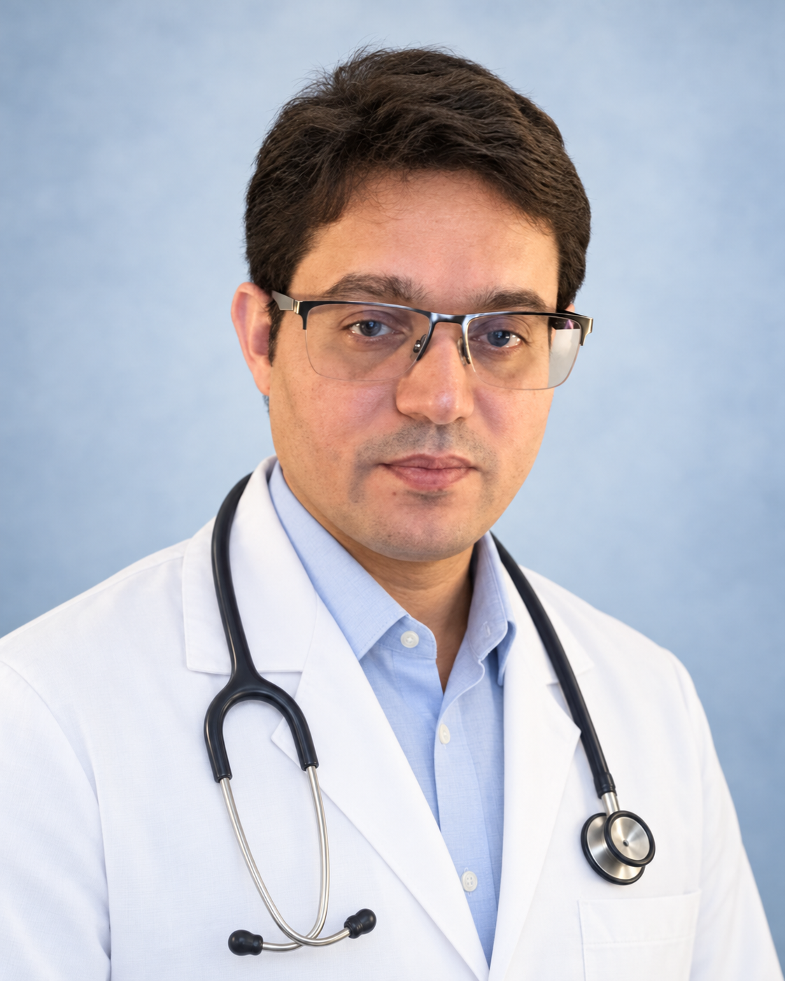 Dr. Lokendra K. Thakur in a white coat with a stethoscope