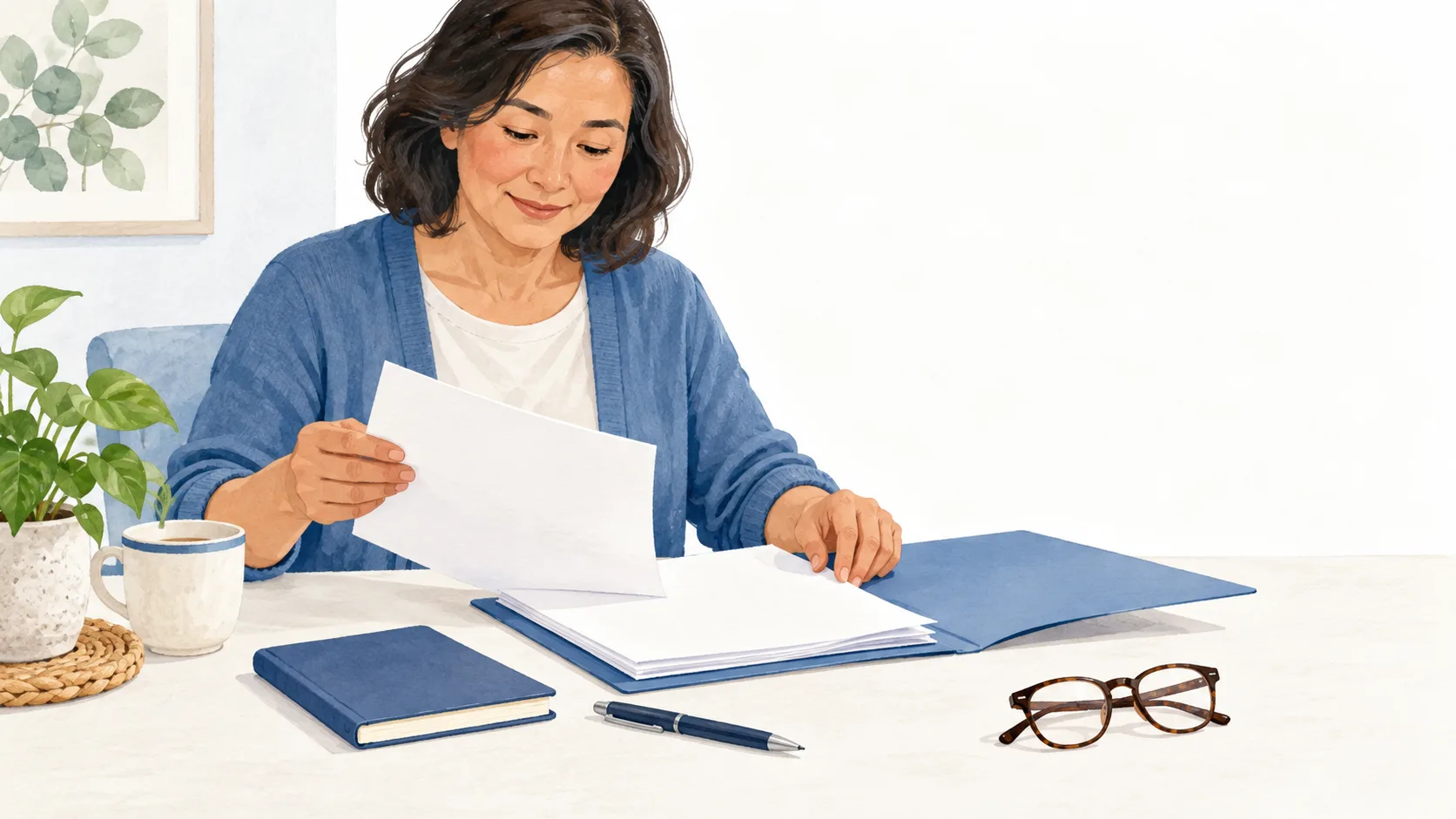 Illustrated adult sorting blank health records at a table with a notebook and pen before a first visit.
