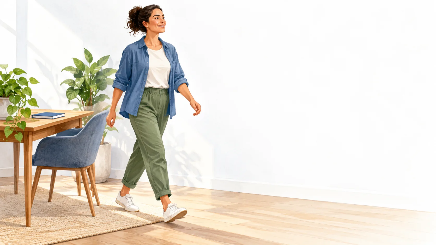 Illustrated adult taking a relaxed walking break beside a desk and chair at home.