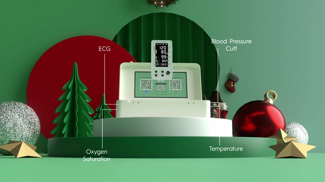 Aarogya Tech illustration of the Praana Sense home-monitoring device, with a display and measurement accessories in a seasonal setting
