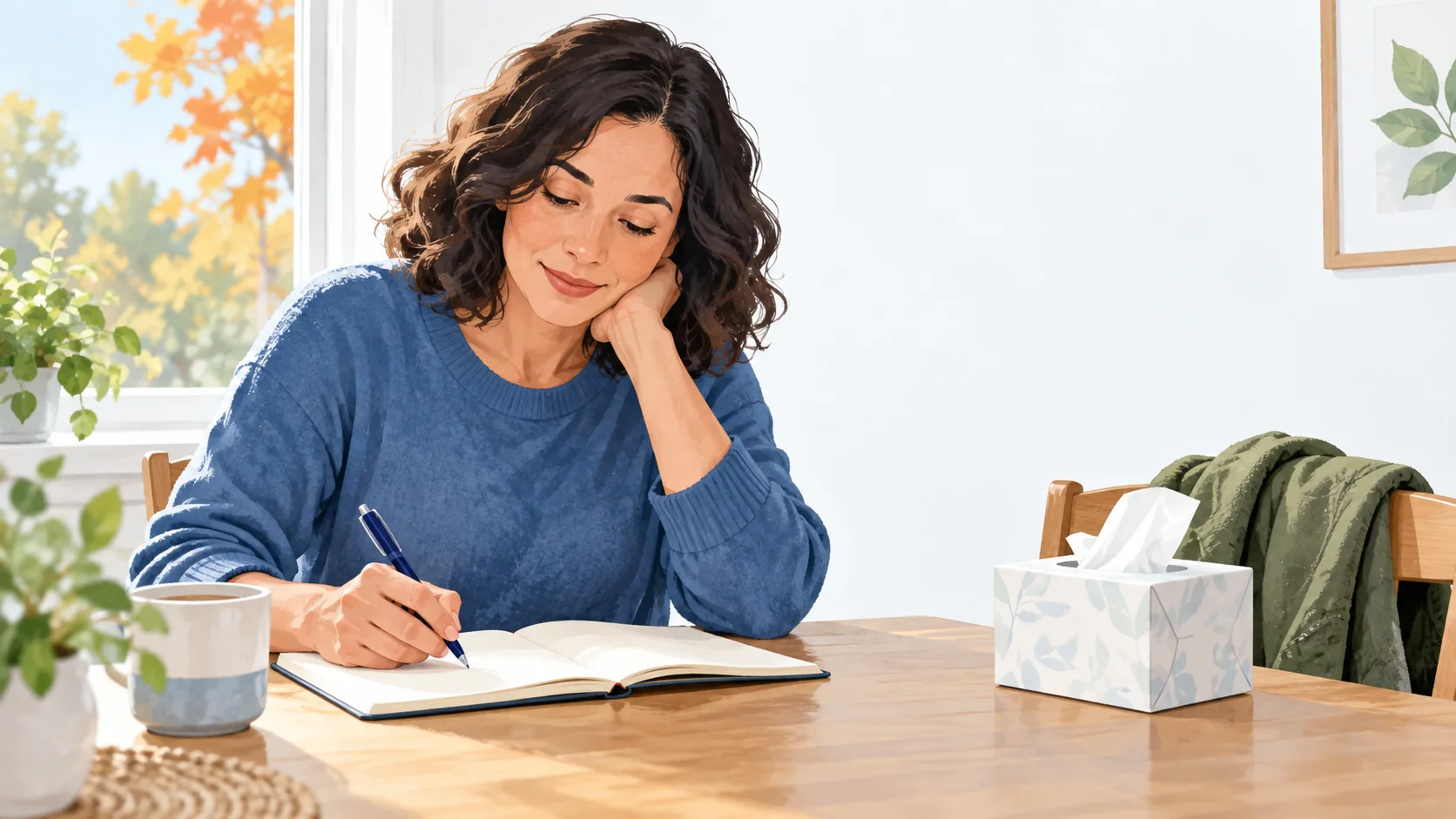 Illustrated adult writing seasonal health questions in a blank notebook at home, with autumn trees outside the window.